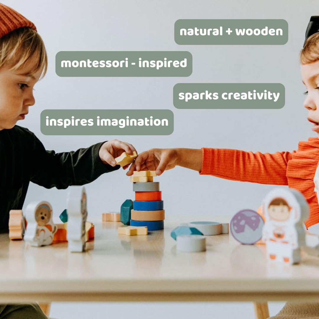 Toddler 30 Piece Stacking Wood Blocks Space Gift - Montessori 2 Year Old Fine Motor Skills Toy Learning Stacking Shape Sorter Sensory Preschool Busy Journey to the Moon (Book and Block Set, Wood)