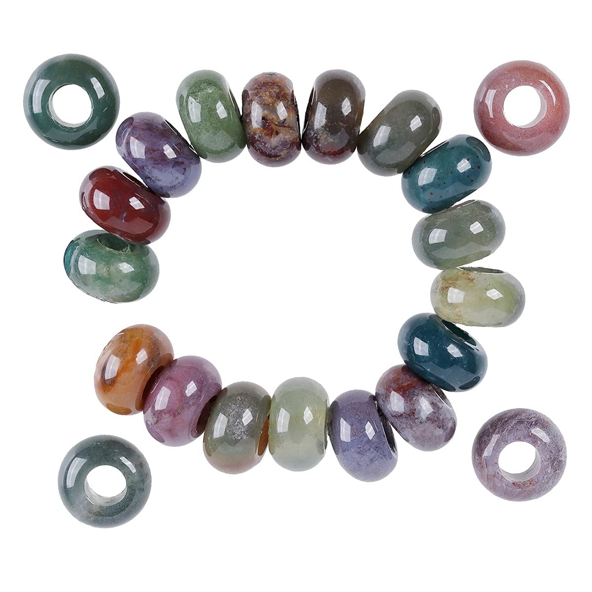 mookaitedecor 25 Pcs Indian Agate Large Hole Beads Stone Rondelle Gemstone Loose Beads for Jewelry Making, Bracelet, Macrame Projects, DIY Crafts, 8x14 mm