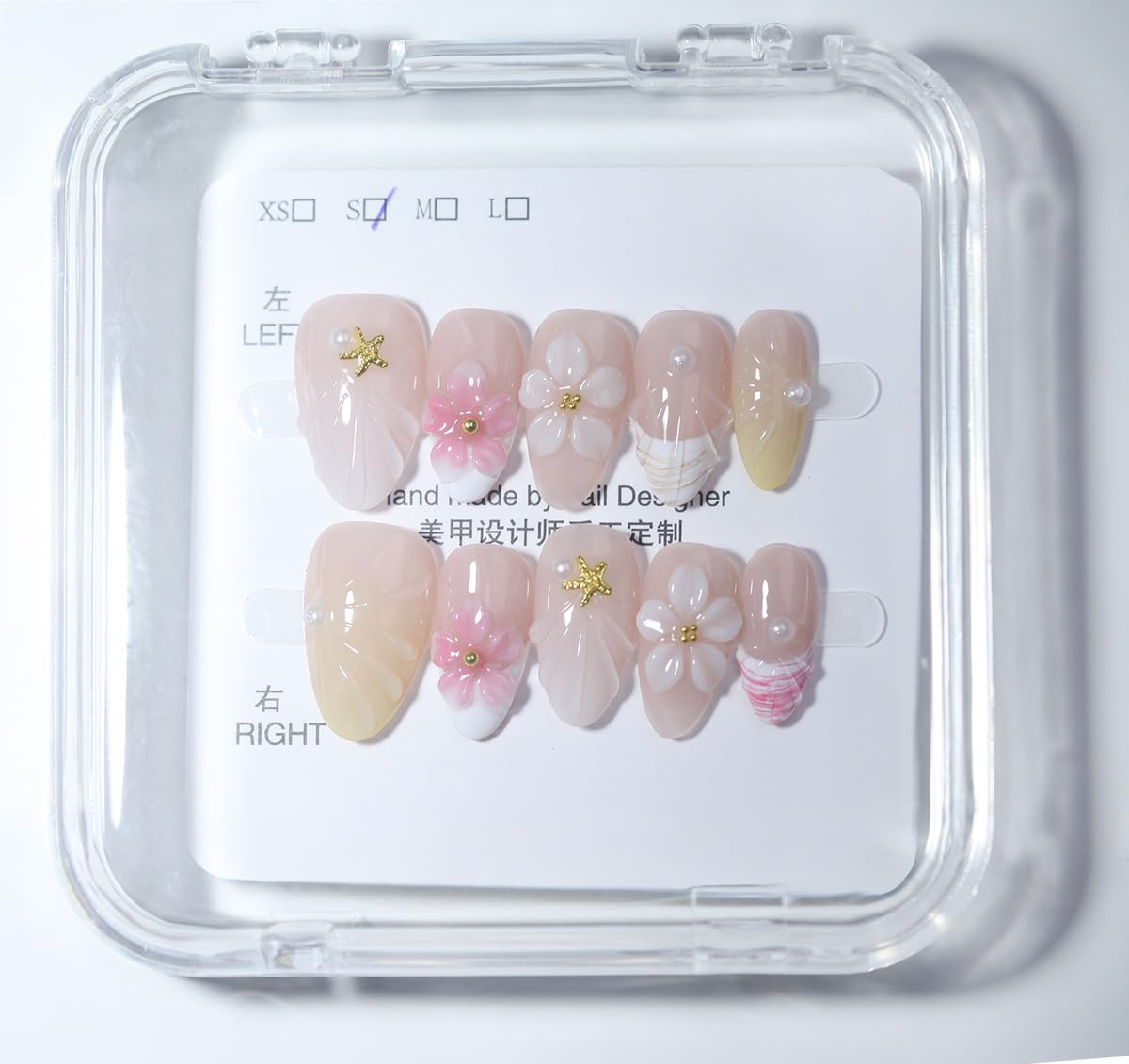10 Short Almond Handmade Press On Nails | Coastal-Inspired 3D Floral & Starfish Nude & Pearl Accent False Nails,New styles | Skip Salon Trips, Easy to Apply & Remove, Reusable (251107, S)