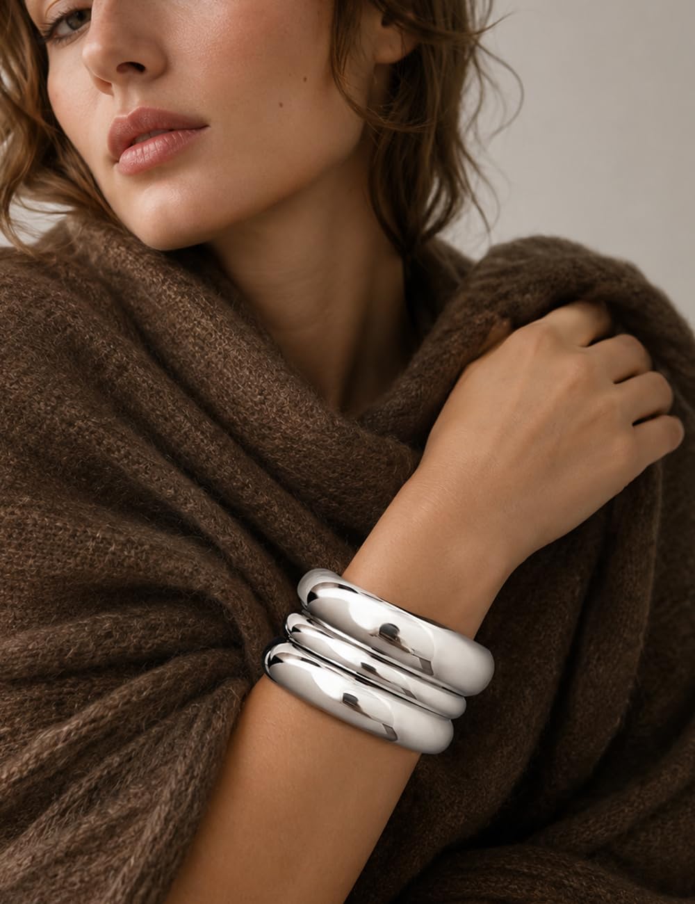 Chunky Gold Bangle Bracelets for Women, Dainty 14k Gold Plated Big Stackable Bangles Set, Trendy Statement Cuff Bracelet Stack Fashion Jewelry Gifts (3 Thick silver bangles)