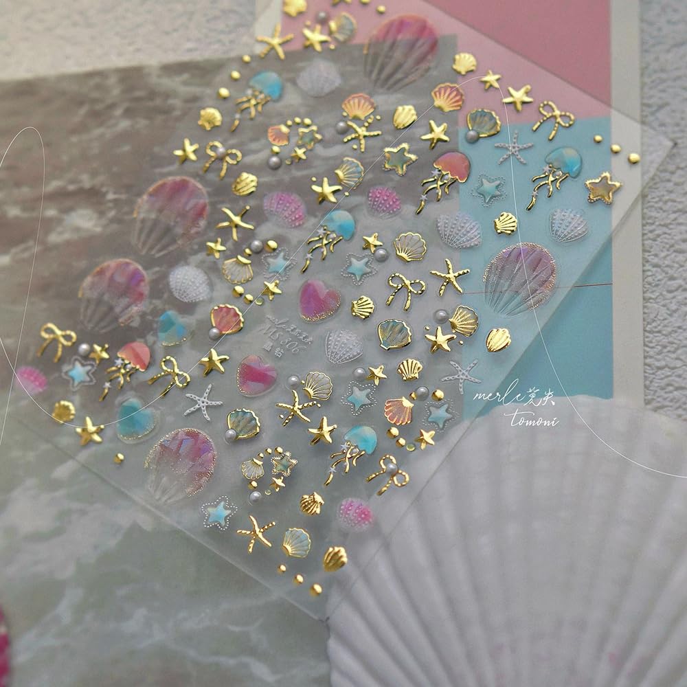 Pink Ocean Seashell Nail Stickers 5D Embossed – Premium Salon-Quality Nail Charm Accessories, Easy Application & Self-Adhesive Summer Sticker for DIY Manicure, Nail Art, Press on, Home or Salon Use