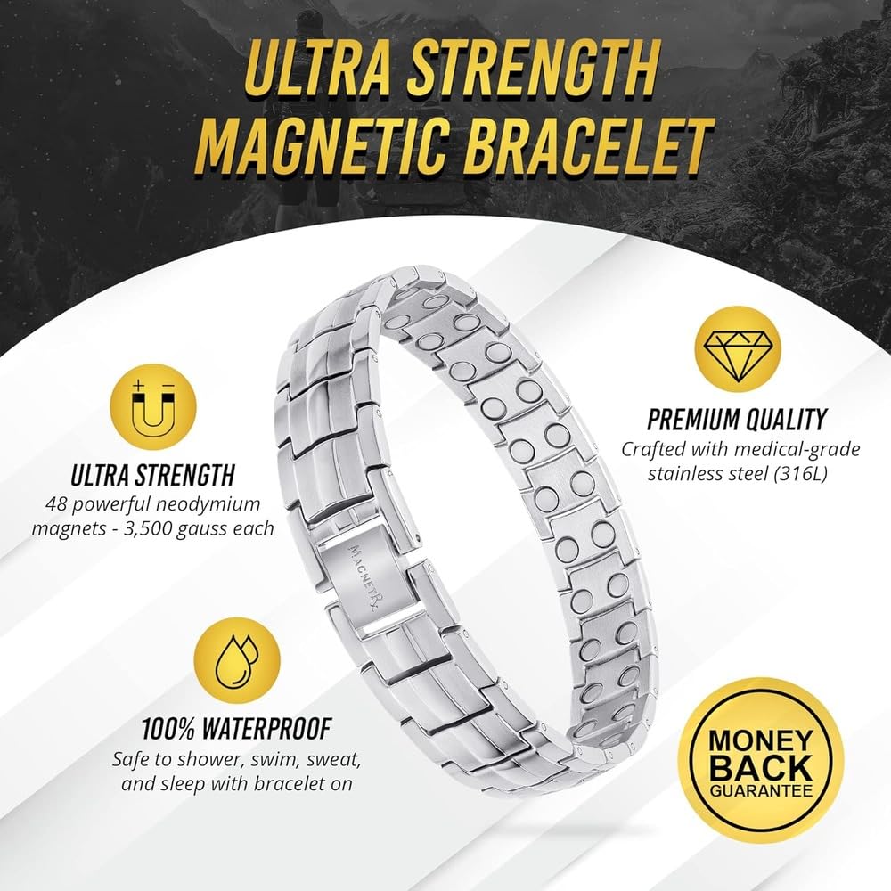 MagnetRX® Ultra Strength Magnetic Bracelet - Effective Stainless Steel Magnetic Bracelets for Men - Adjustable Bracelet Length with Sizing Tool for Perfect Fit (Silver)