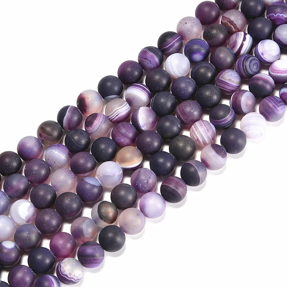 jodaying 10mm Purple Stripe Agate Matte Round Natural Gematone Loose Beads for Jewelry Making DIY 1 Strand 15"