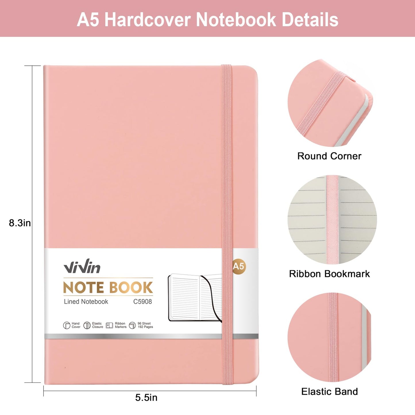 ViVin Lined Journal Notebooks for Work,192 Pages,5.5 x 8.3 inch,College Ruled,A5 Hardcover Journaling Notebooks for Writing,24 Pack Bulk