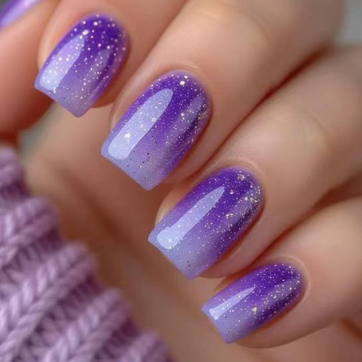 Purple Press on Nails Short Square Fake Nails with Gradient Designs Cute Nails Press ons Glossy Glue on Nails Artificial Acrylic Nails Simple Stick on Nails for Women 24Pcs