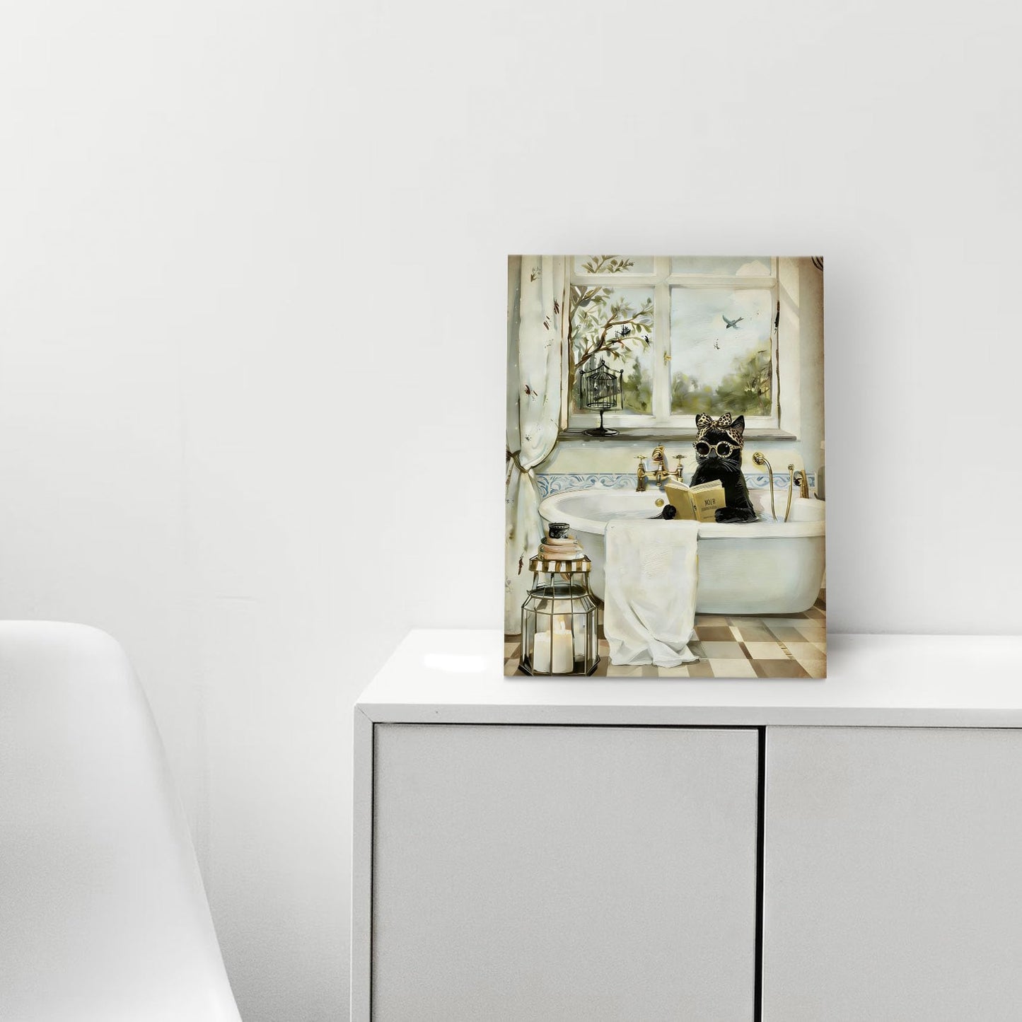 WODMIS Funny Black Cat Reading Bathroom Wall Decorations Framed Canvas Art, Black Cat Gifts, Whimsical Kitten Reading in Bathtub Decor Canvas Home Decorations for Bathroom Washroom Wall Decor 11x14