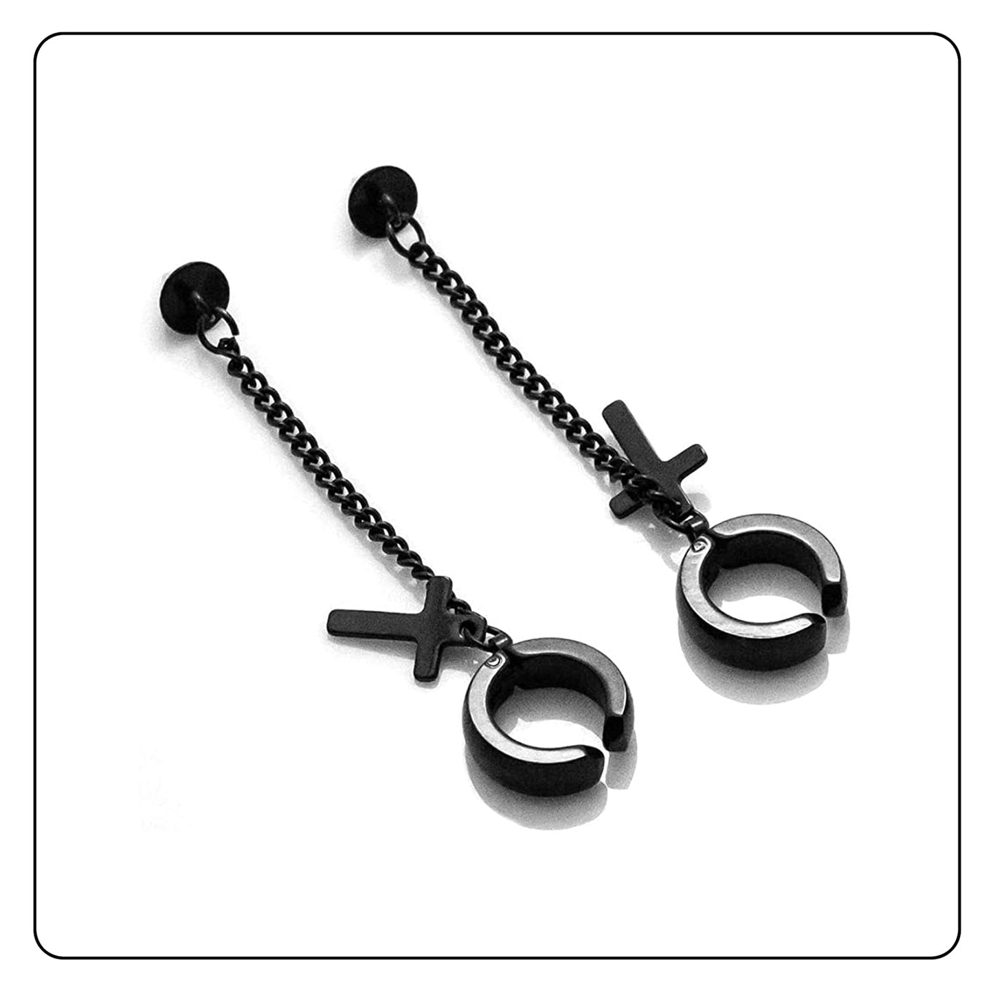 Fusamk Punk Rock Stainless Steel Cross Ear Clip Earrings Long Chain Drop Dangle Earrings(Black)