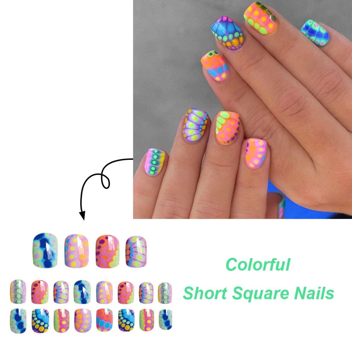 Bright Summer Press on Nails Short Square,Blooming gel Rainbow Fake Nails Colorful False Nails Press ons with Design,Reusable Artificial Nails Full Cover Stick on Nails for Women Manicure 24 Pcs
