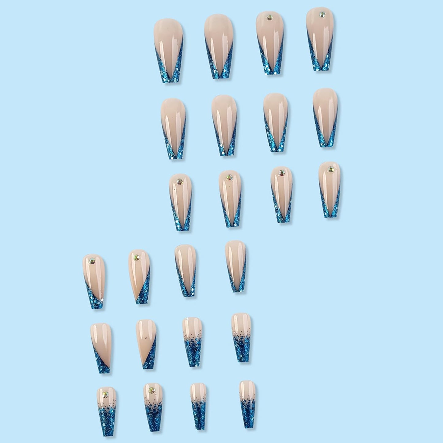 Press On Ballet Shaped Artificial Acrylic Nails - Shine Rhinestones & Blue Sequins Design - Nude French Fake Coffin Nails - Full Cover Reusable Glue On Nails for Women - 24Pcs