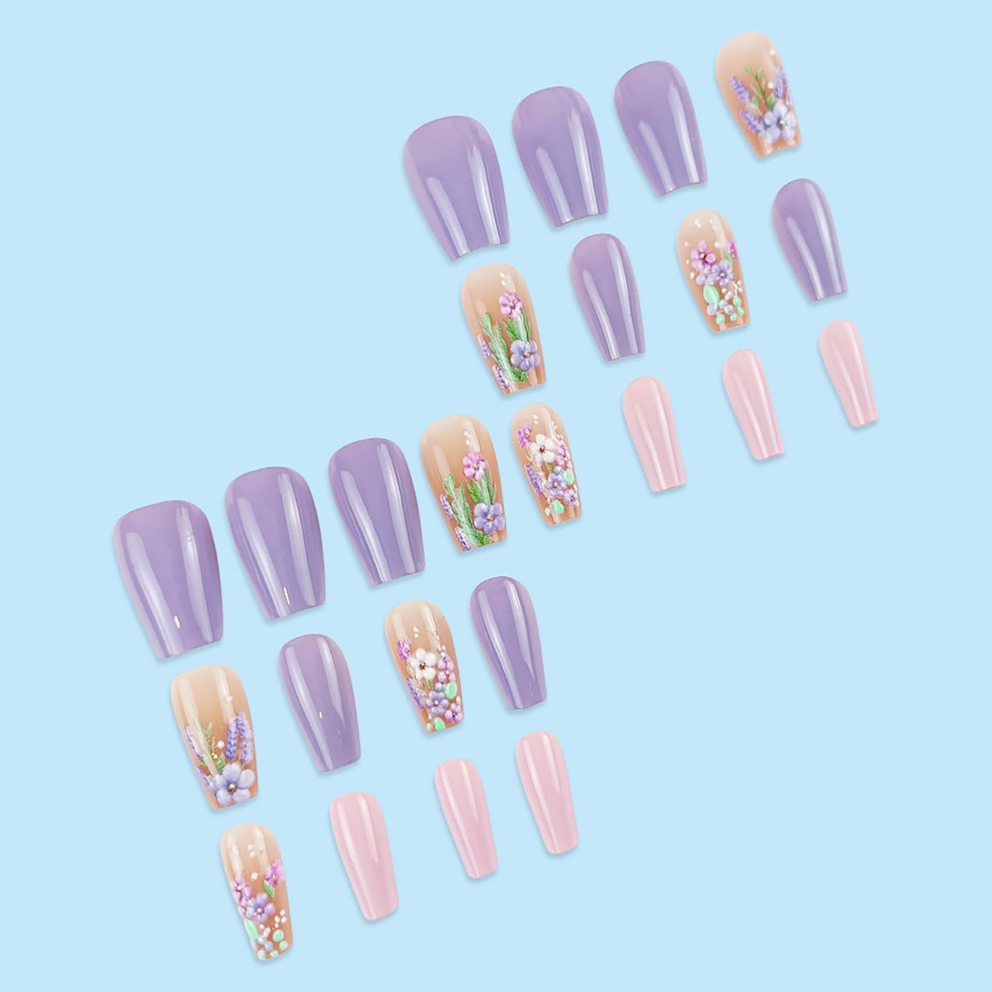 Flower French Tip Press on Nails Medium Coffin Fake Nails Glossy Purple Acrylic Press on Nails Lavender Floral False Nails Reusable Summer Artificial Nails Full Cover Stick on Nails for Women, 24Pcs