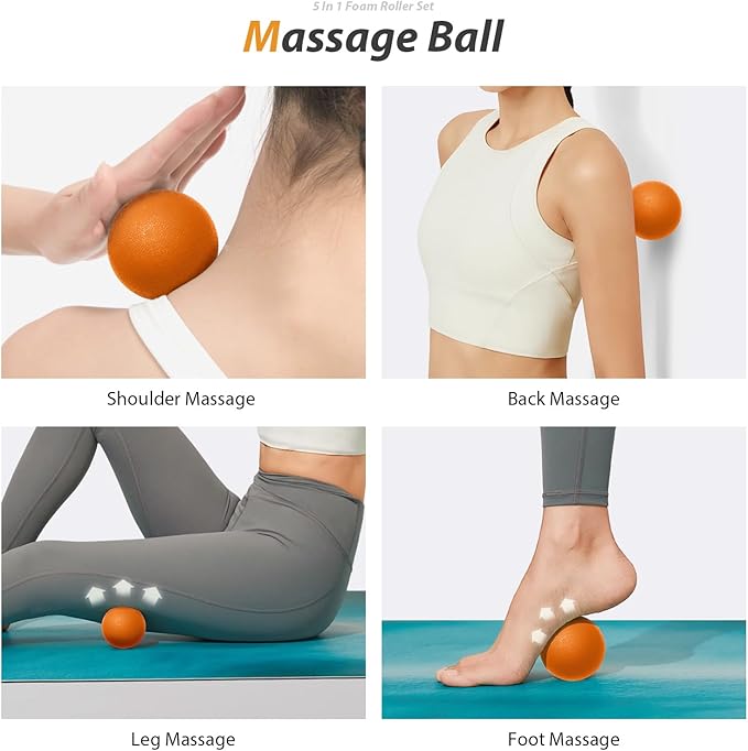 5 in1 Foam Roller Set, Trigger Point Foam Roller, Massage Roller Stick, Massage Ball, Resistance Band for Deep Muscle Massage Pilates Yoga,Fitness Exercise for Whole Body (Orange-Black)