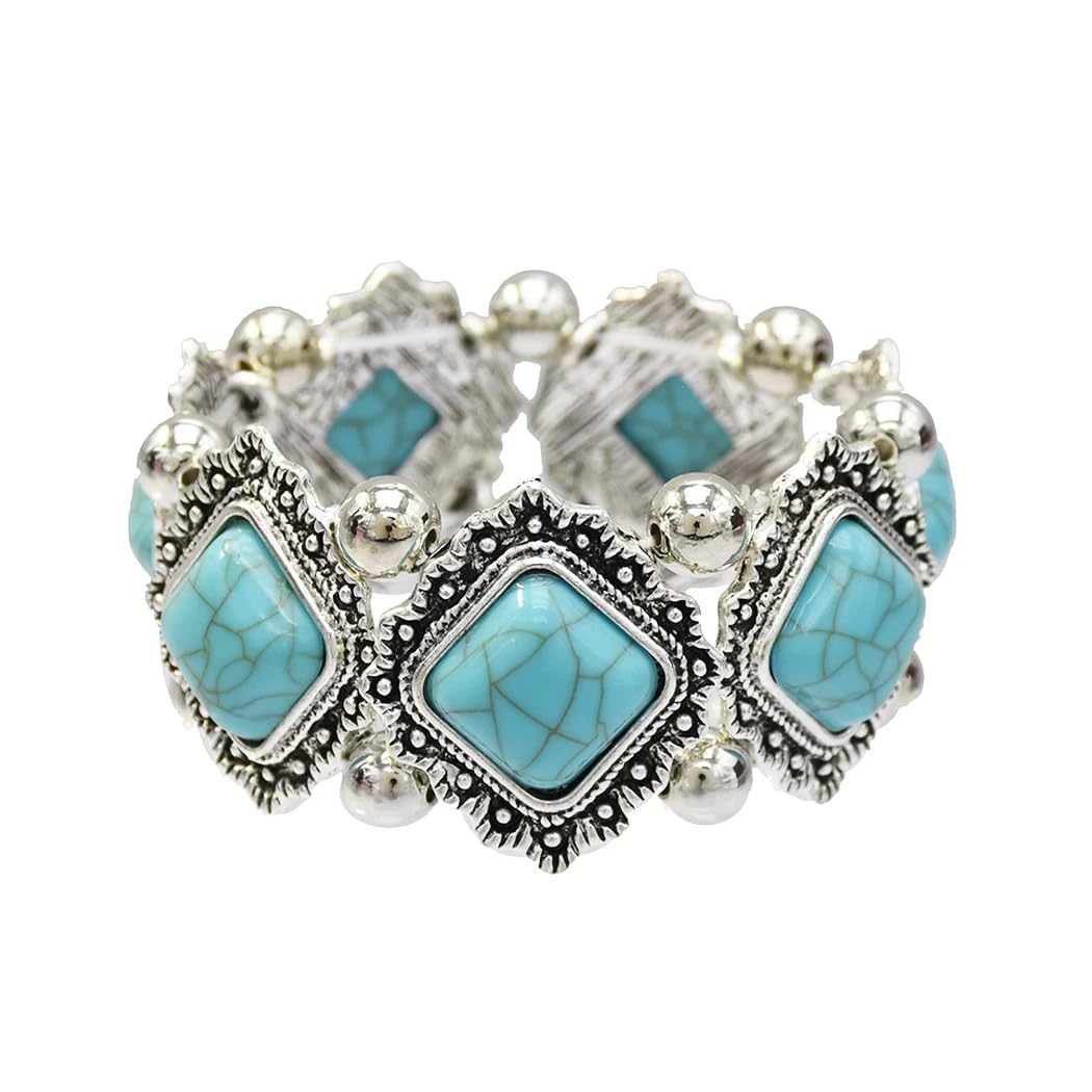 QLYOVWE Turquoise Stone Silver Overlay Link Bracelet for Women Bohemia Gemstone Adjustable Link Bracelets Handmade Link Bracelets Christmas Summer Beach Bracelets Jewelry (Blue)