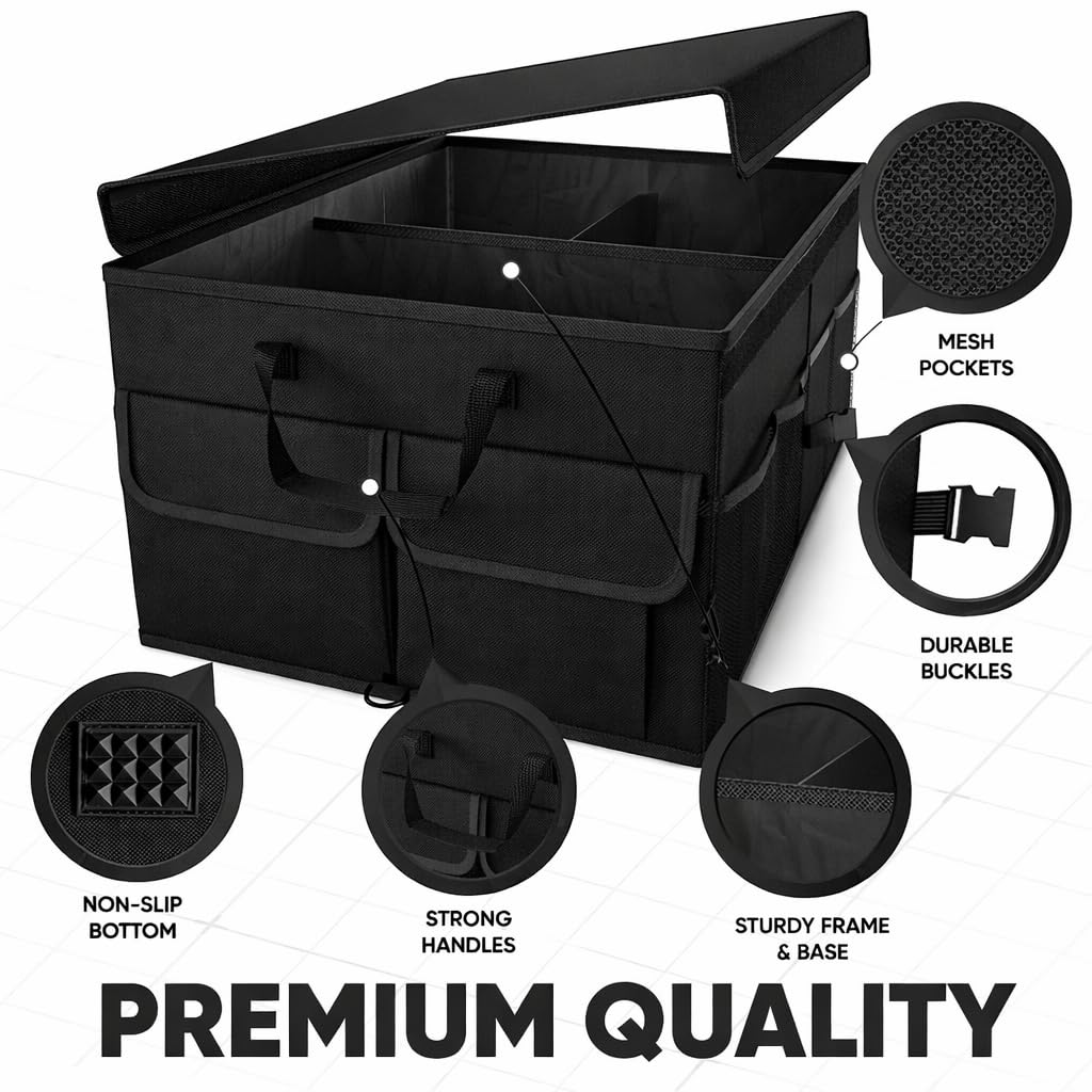 Large Car Trunk Organizer with Lid – Foldable Collapsible Storage Box, Heavy Duty, Multi-Compartment, Non-Slip Bottom, Durable Car Storage Organizer for SUV, Truck & Auto Accessories