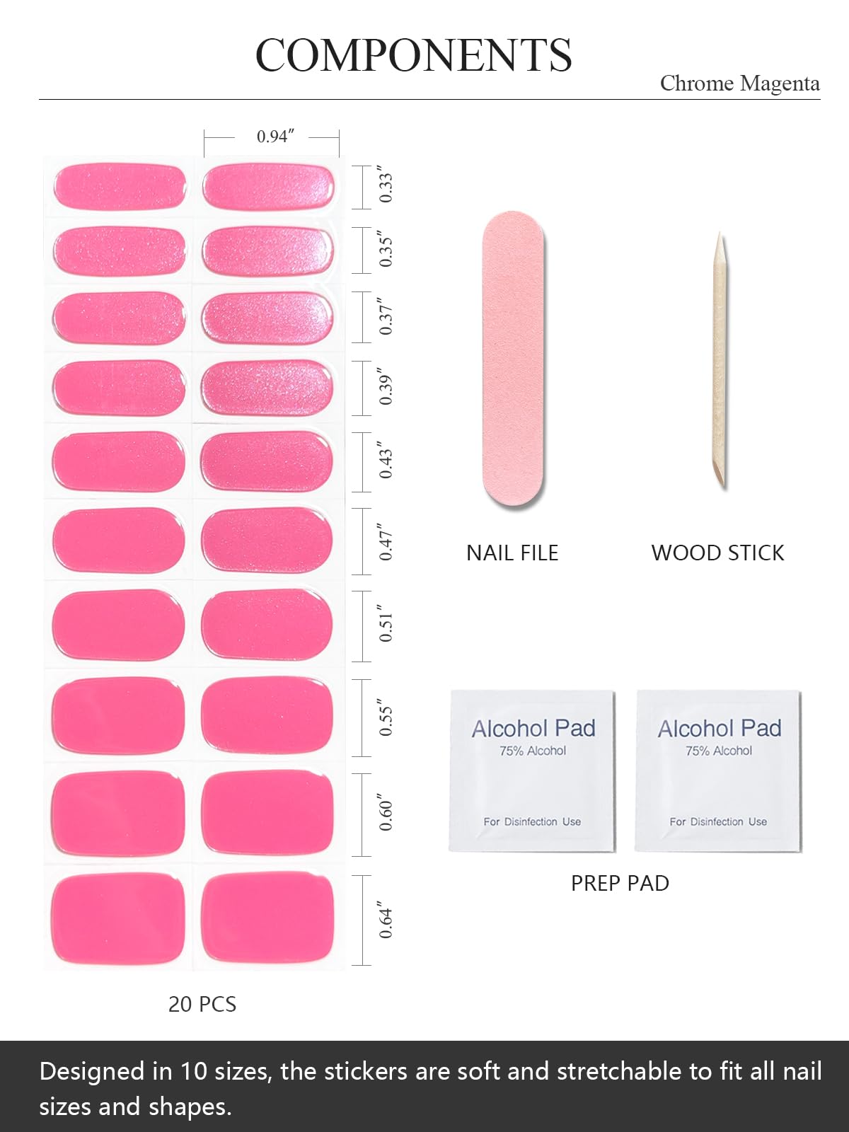 AutyaMee Semi Cured Gel Nail Strips (Chrome Magenta), Hot Pink, 20 Pcs Gel Nail Wraps, Stickers, UV Light Required, Long Lasting