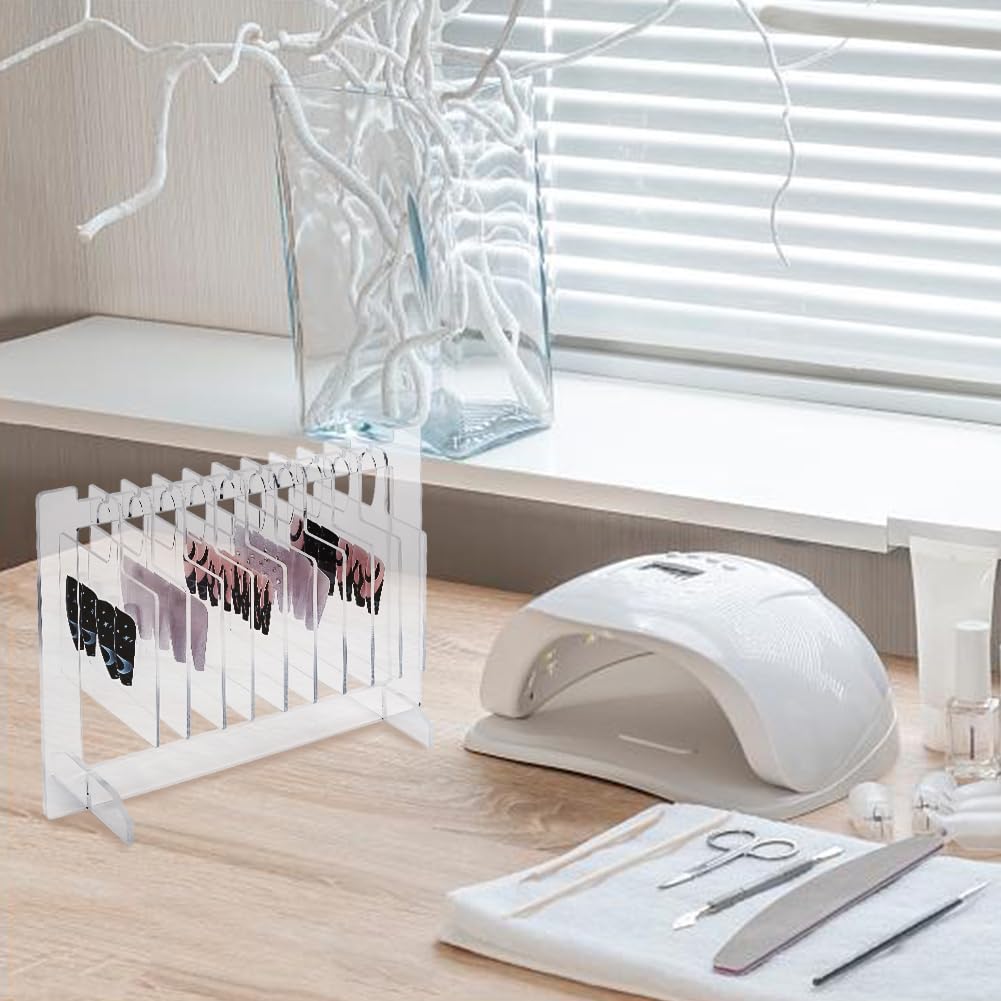 DELORIGIN Acrylic Nail Art Display Boards Clear Nails Tips Charm Sample Display Stand with 10pcs Hangers Nail Art Display Rack False Nail Organizer for Salon Nails Art Design Practice Manicure Tool