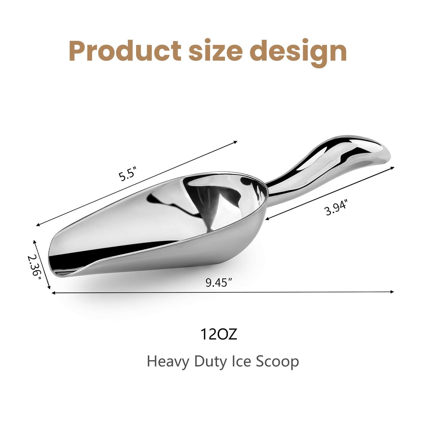12 Oz 304 Stainless Steel Ice Scoop for Freezer & Ice Machine – Heavy Duty Metal Scooper, Dishwasher Safe, Multi-Purpose for Kitchen, Bar, Party, Wedding (Ice, Flour, Dry Goods)