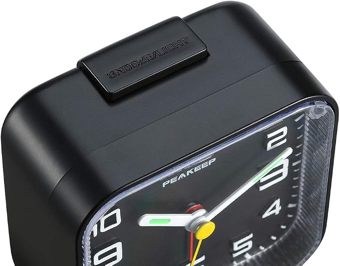Peakeep 3D Numbers No Tick-Tock Analog Alarm Clock Classic Beep Sound | Snooze, Manual Light and Battery Powered Small for Travel (Black-3D)