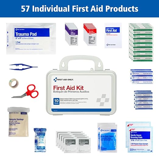 First Aid Only 6060 All-Purpose 10-Person Emergency First Aid Kit for Business, Worksite, Home, and Car, 57 Pieces