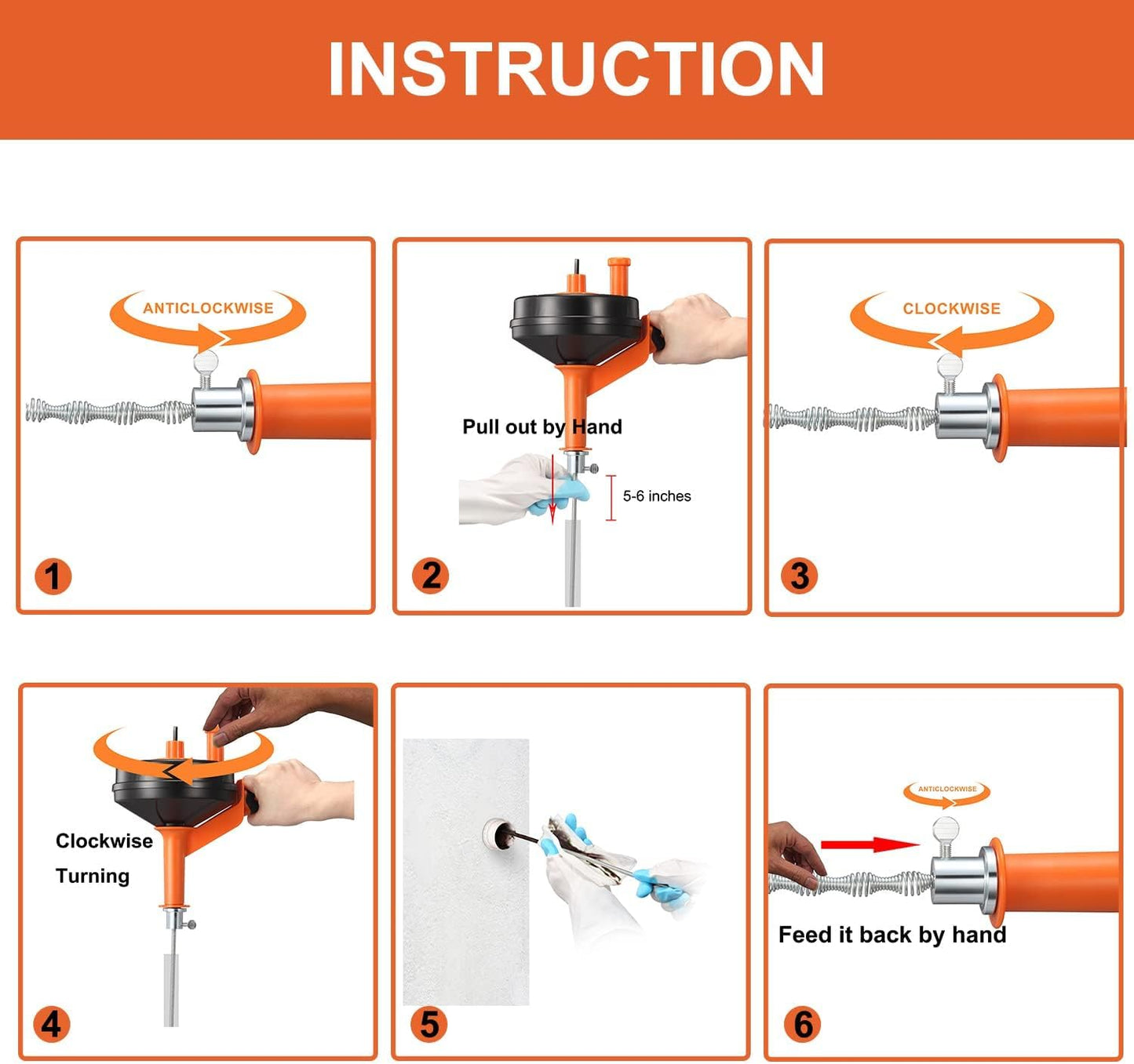 Drain Auger, Clog Remover with Drill Adapter, 25 Feet Flexible Plumbing Snake Use Manually or Powered for Kitchen, Bathroom and Shower Sink, Comes with Gloves (orange)