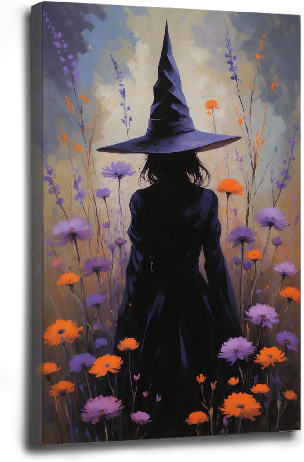 Country wildflower witch canvas print halloween mashup art witch purple decoration bohemian elegant art poster12x16in Wood Framed