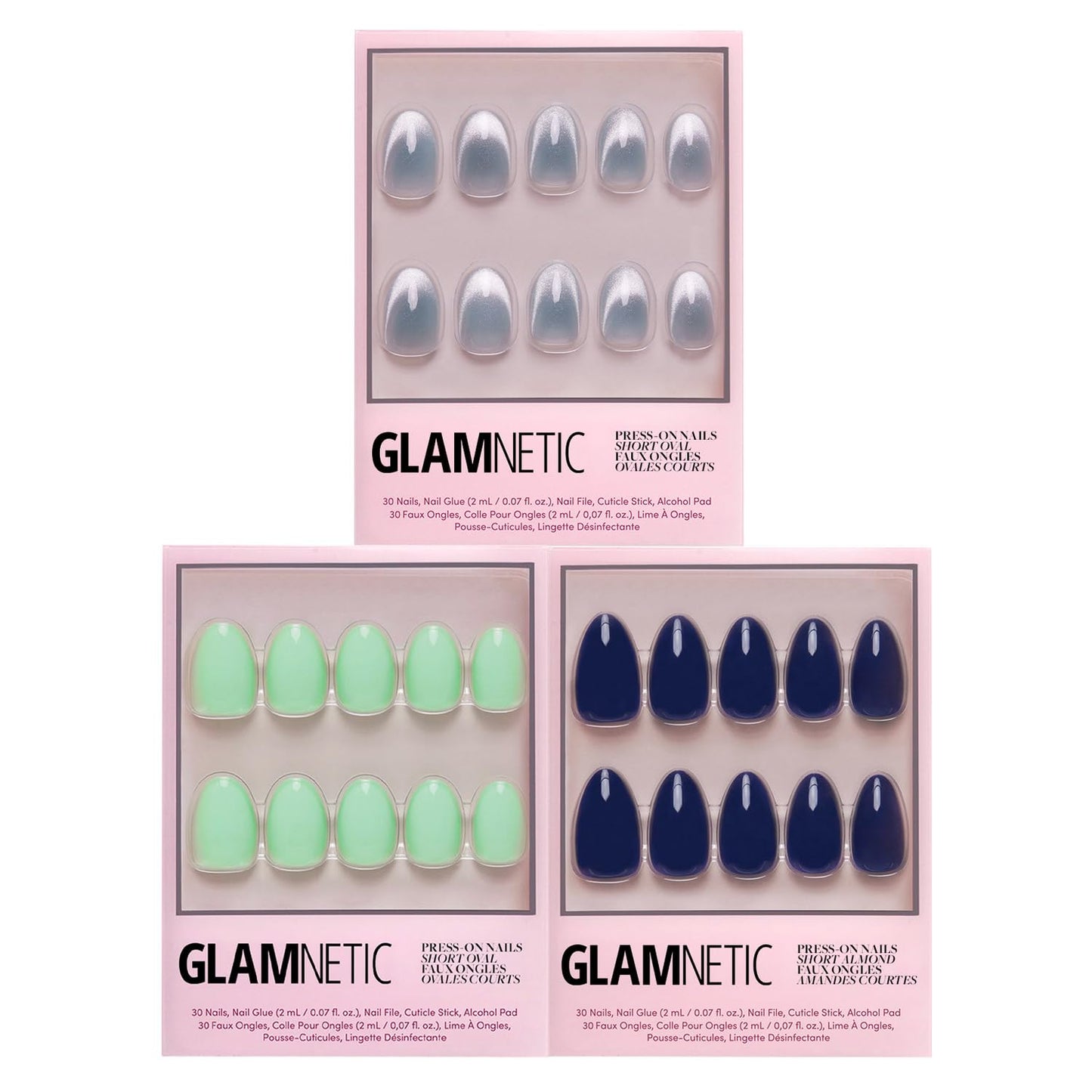 Glamnetic Press-On Nails Bundle - Mint Green, Midnight Blue & Unicorn Tears | Pastel Green Oval Fake Nails | Navy Blue Almond False Nails | Short Oval, Misty-Grey Nails with Metallic Finis