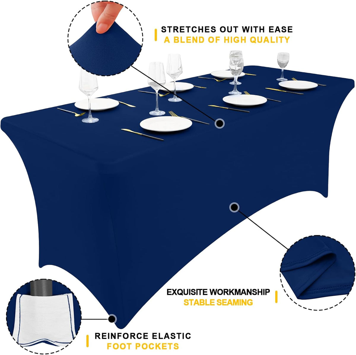 Smiry 2 Pack Spandex Table Cloth 6FT, Elastic Fitted Stretch Tablecloths, Washable and Wrinkle Free Rectangular Patio Table Cover for Outdoor, Wedding, Banquet & Parties (Navy, 72Lx30Wx30H Inch)
