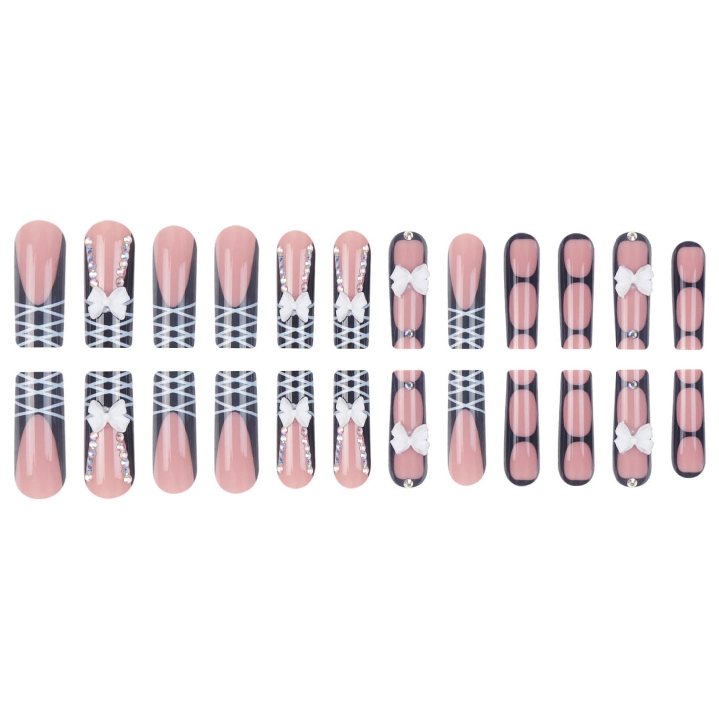 SEENEEY Long Press on Nails Square Fake Nails Black Artificial Nail White Bow Stick on Nail for Women 24pcs