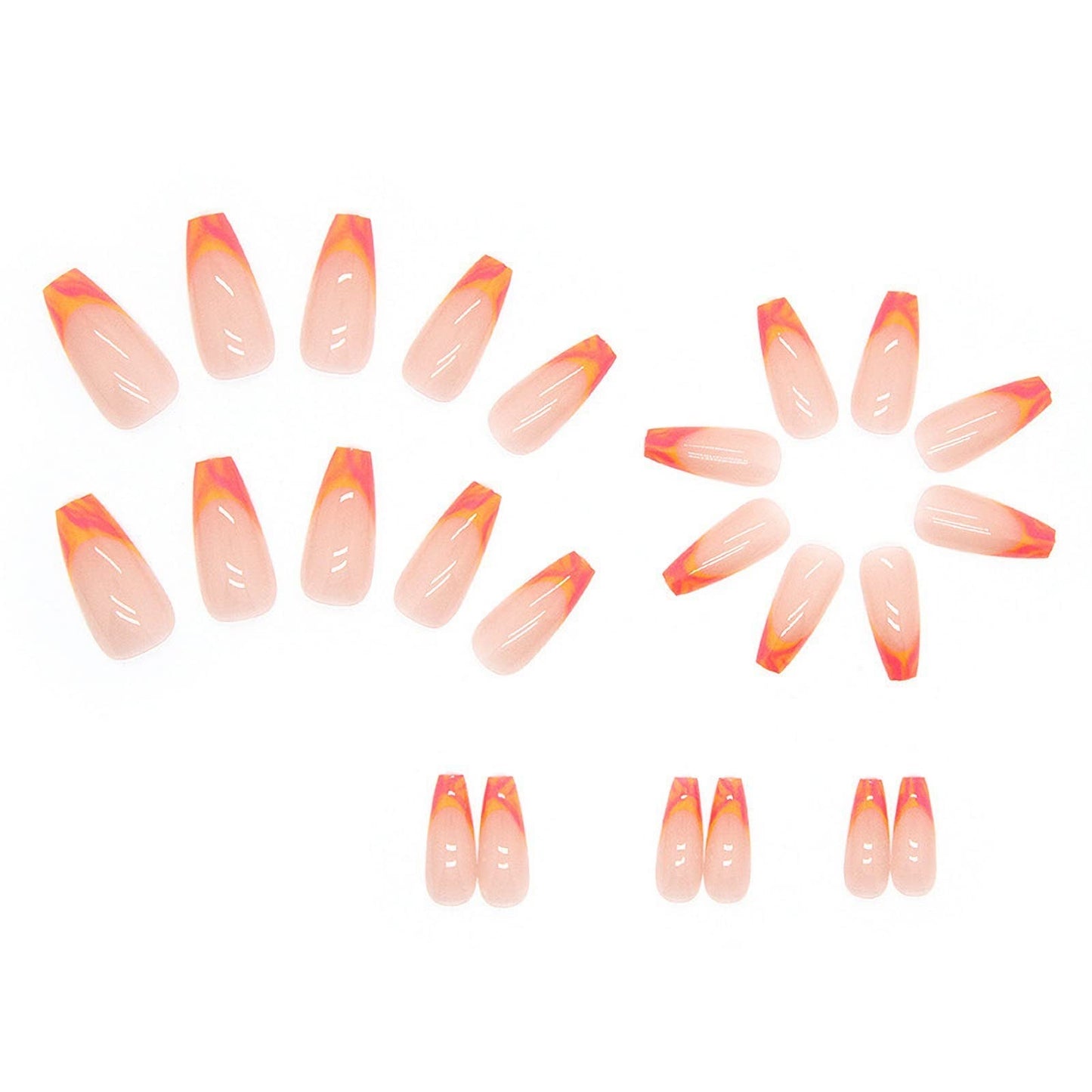 MISUD Press on Nails - Long Coffin Glue on Nails with French Tip, Acrylic Summer Orange Design 24 pcs
