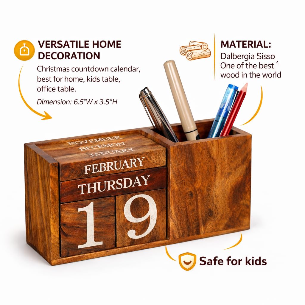 Wooden Perpetual Block Calendar for Desk – Month & Date Wooden Display Blocks for Office, Classroom, Teachers, Students, Rustic Farmhouse Office Desk Decor