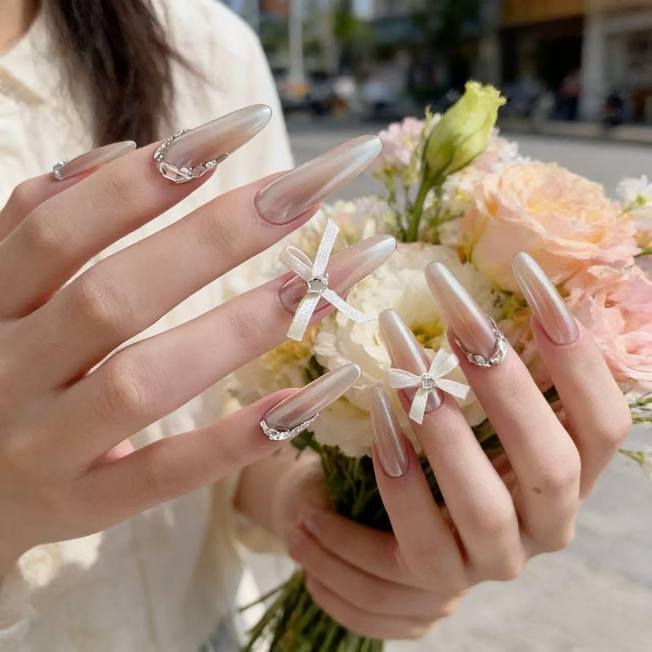 24pcs Elegant pearl white Press On Nails,extra-long almond Fake Nails with crystal bow Decor, Reusable Stick On Nails for parties&special occasions