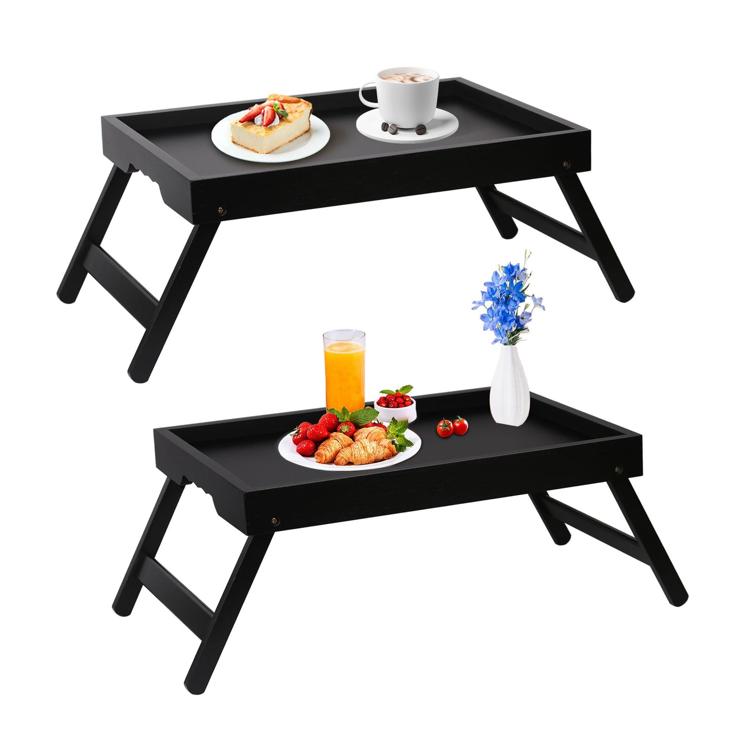 Asuthzon Bamboo Bed Tray Table with Foldable Legs, Breakfast in Bed Tray for Kitchen Serving Tray, Eating, Working, Drawing Tray (2 Pack, Black)