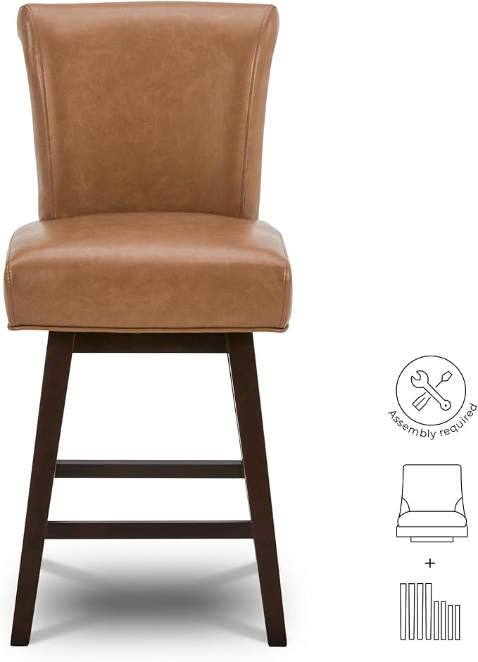 CHITA 26 Inch Counter Height Swivel Bar Stool, FSC Certified Modern Upholstered Faux Leather Swivel Barstool Chair with Back,Saddle Brown