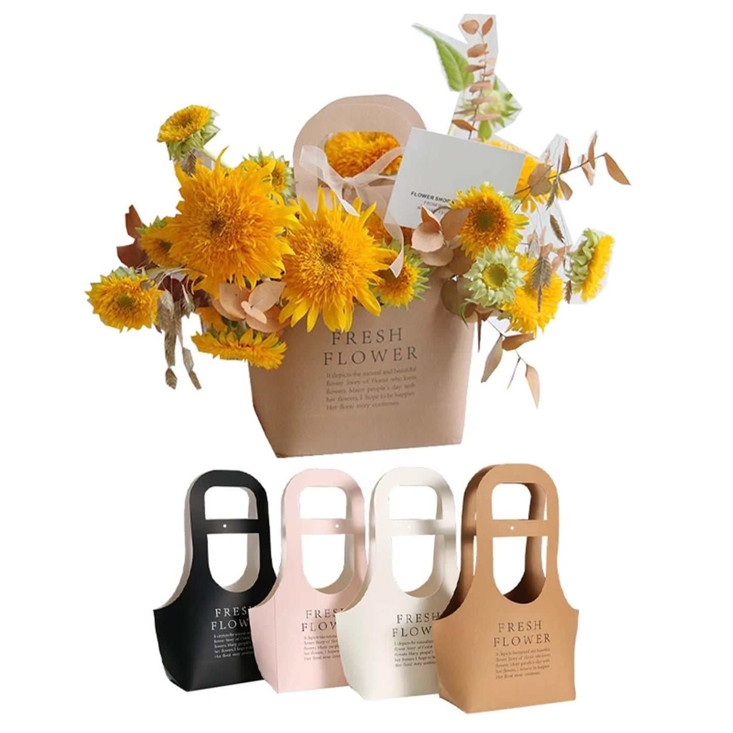 Nikeg Kraft Paper Flower Gift Bags 10Pcs Korean Portable Flower Box, Kraft Paper Bouquet Arrangement Packaging Bag, Creative Waterproof Gift(Black,Small)