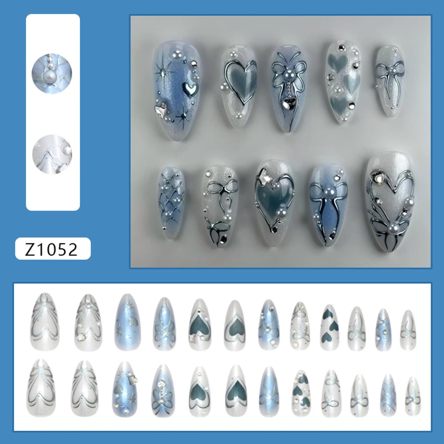 TBRZTR Press on Nails Medium Almond Artificial Acrylic False Nails 3D Love Heart Bow with Rhinestones Pearl Stick on Nail Full Cover Reusable Coffin Artificial Fingernails for Women Manicure 24Pcs