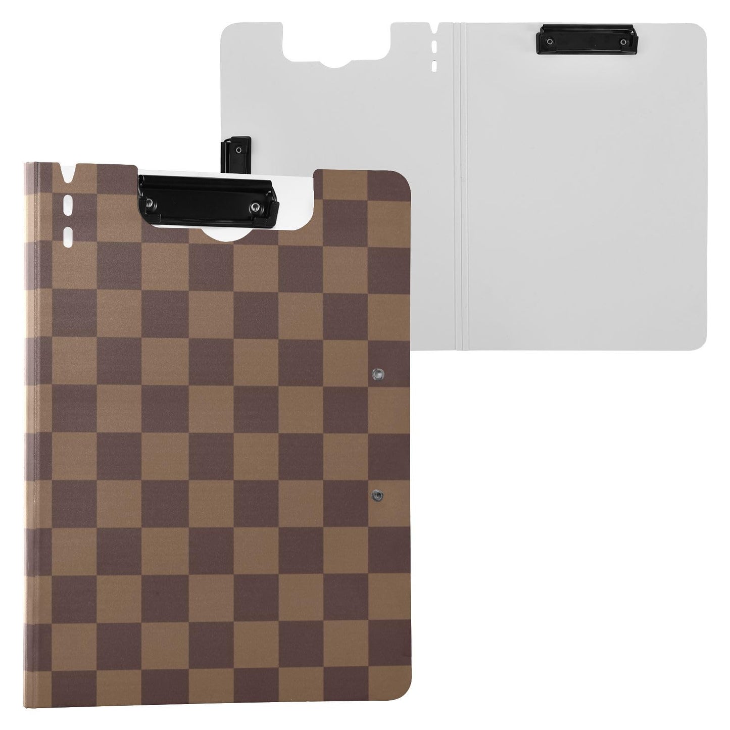 Brown Checkerboard Foldable Clipboard A4 Clipboard Folder with Binders Pen Holder 360° Cover Flip for Work Office Supplies