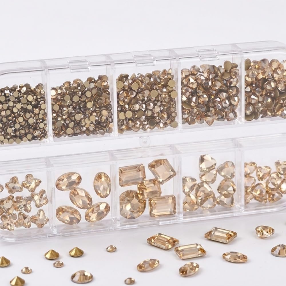 Gold Nail Charms Champagne Nail Gems 3D Clear Flatback Nail Jewels Multi Shape Size Diamonds Nail Rhinestones Shiny Mixed Size Round Hearts Crystals Gems for DIY Nails Faces Eyes Makeup Crafts 12Grid