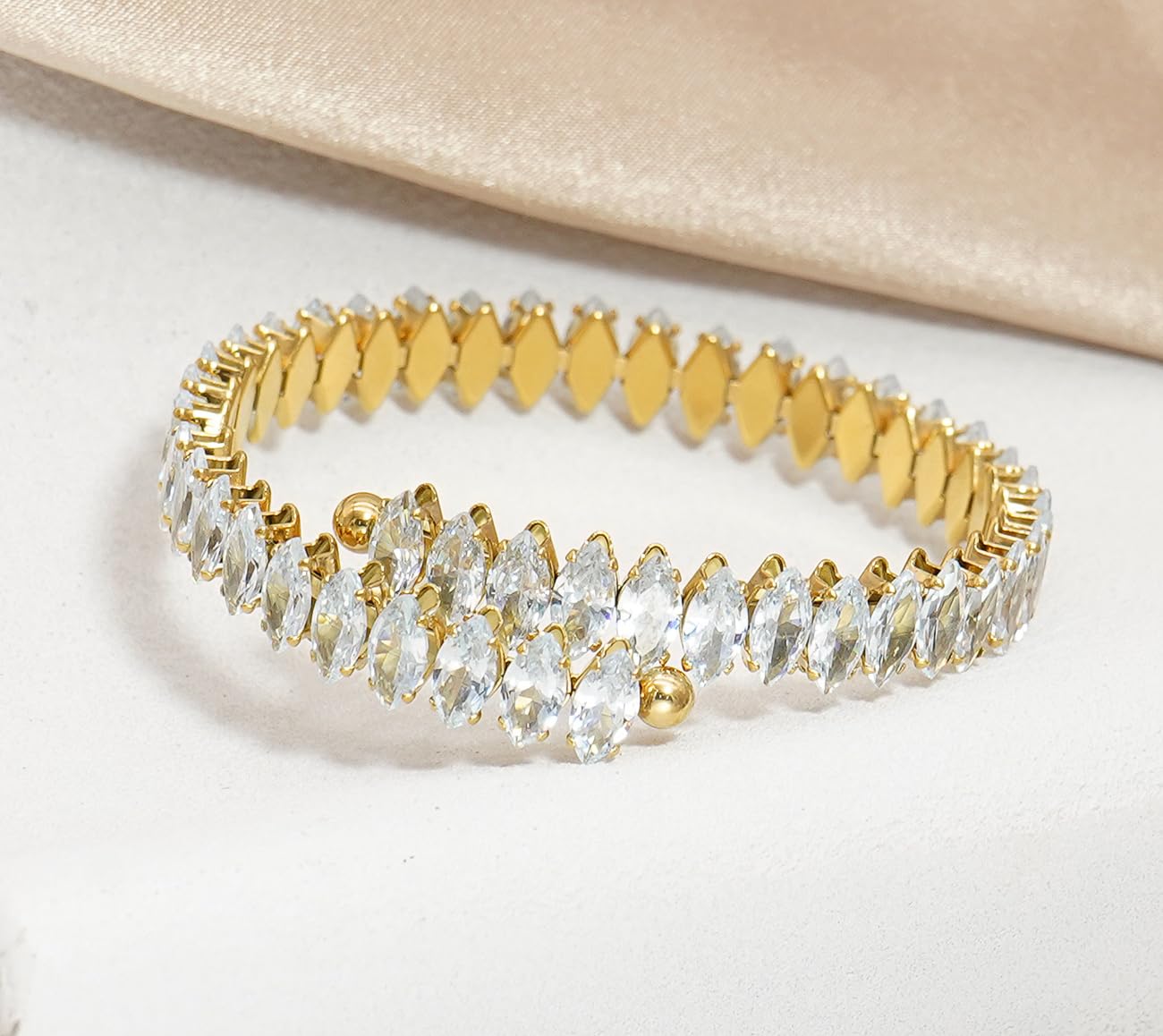 Wovanoo Rhinestone Cuff Bracelet Cubic Zirconia Tennis Bracelets Open Adjustable Bangle for Women Gold White