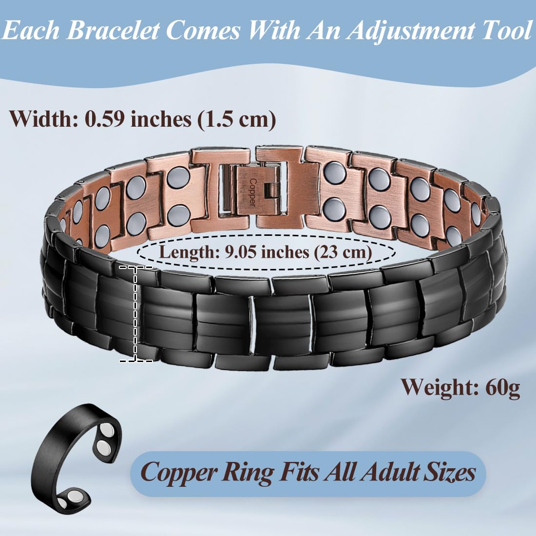 Vicmag Copper Bracelet for Men 99.9% Solid Pure Copper Gift with Adjustment Tool Bracelet & Ring Set Bracelet Set