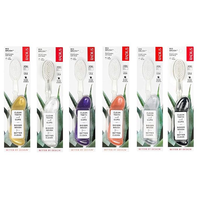 RADIUS Big Brush with Replaceable Head BPA Free & ADA Accepted Toothbrush Designed to Improve Gum Health & Reduce Gum Issues - Left Hand - Assorted - Pack of 6