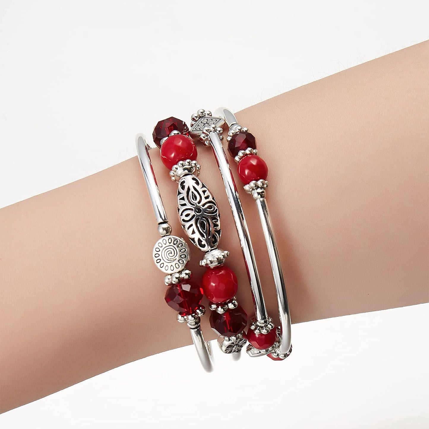 FULU AUTUMN Stackable Beaded Bracelets for Women Boho Wrap Silver Bracelet Layered Fashion Jewelry Gifts for Her(Red)