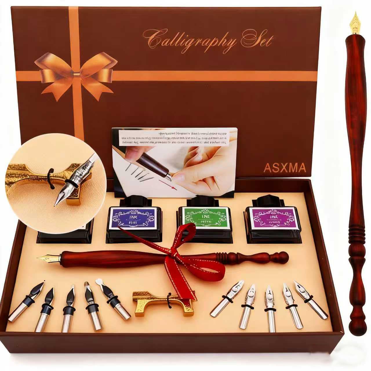 ASXMA Calligraphy Pen Set – Includes Wooden Dip Pen, Antique Brass Holder, 11 Nibs, 4 Colors Ink Bottles and Beginner's Manual-for Beginners and Calligraphy Lovers