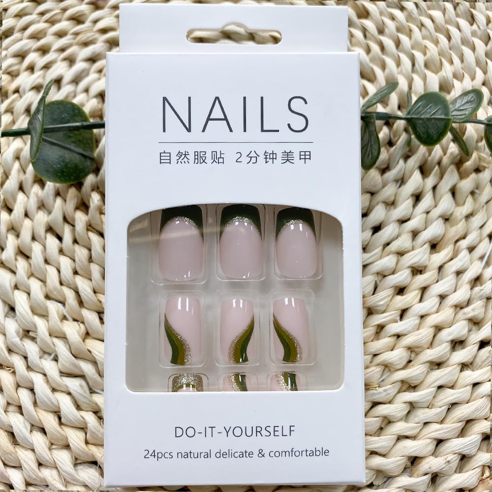 Green Press On Nails - Short Square Gold Glitter False Nails with Swirl Designs, Glossy Finish, Full Cover Acrylic Stick On Coffin Nails for Women, 24 Pcs