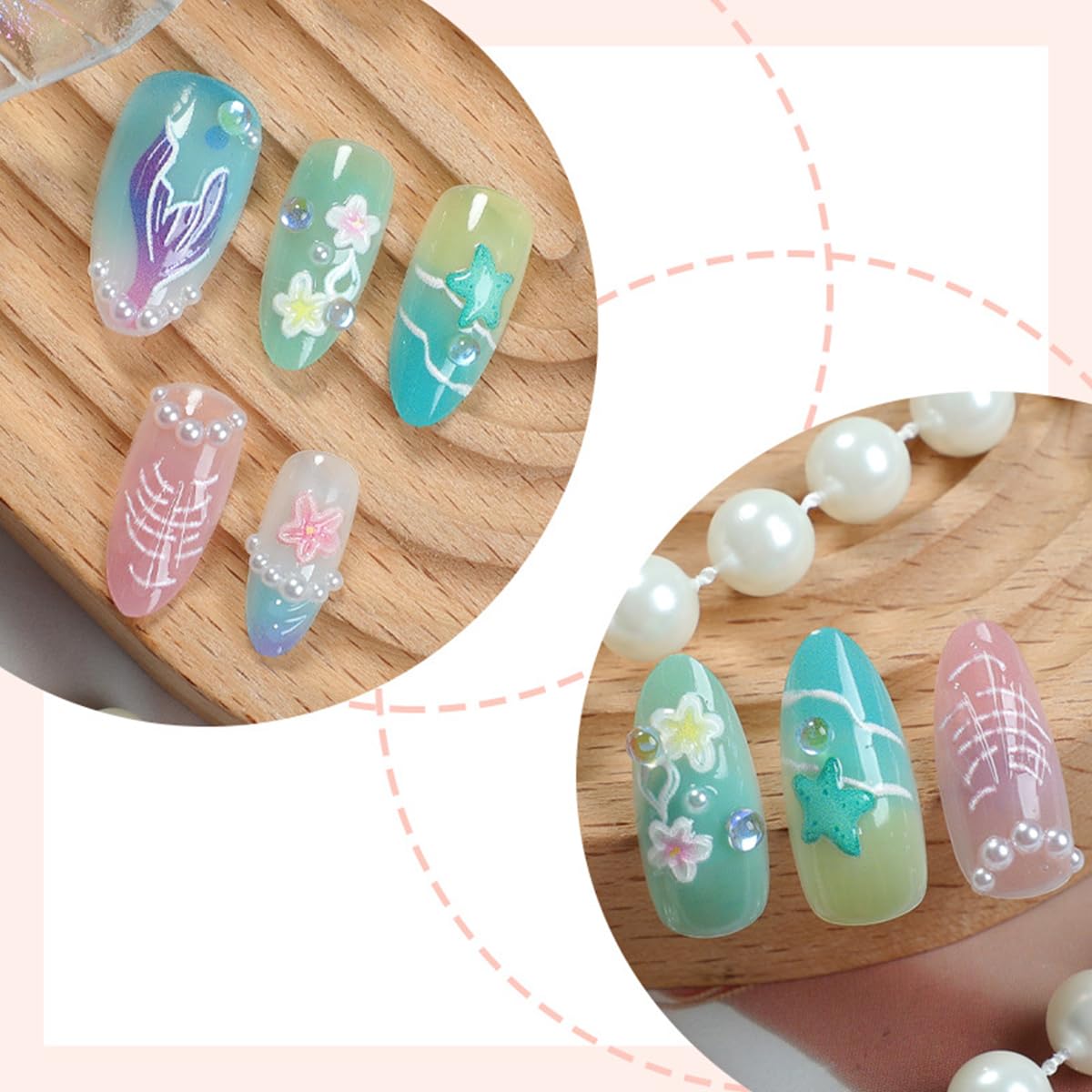 30Pcs Summer Press on Nails Almond Short Fake Nails with Cute Dolphin Mermaid Designs 3D Flower Starfish False Nails Colorful Summer Sea Theme Stick on Nails Acrylic Nails for Women Beach Vacation