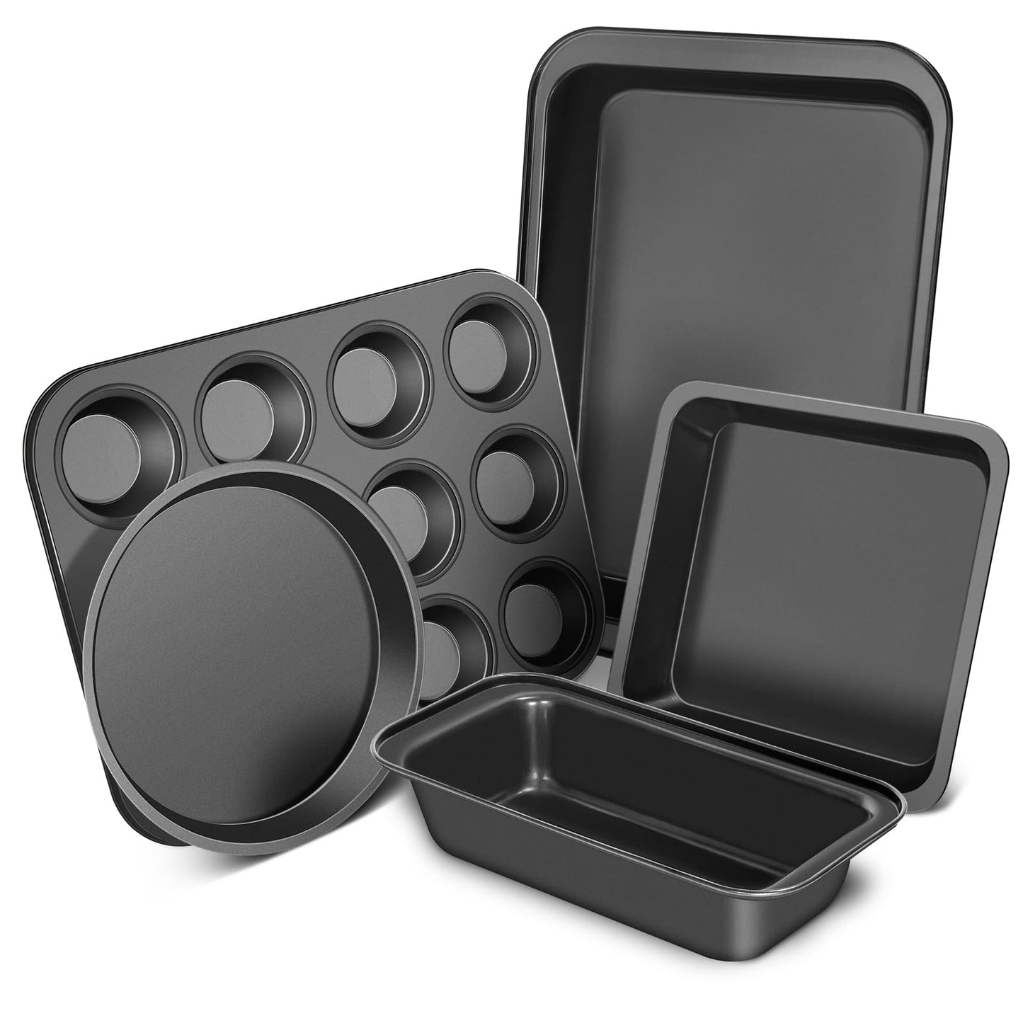 CasaCulina Baking Pans Set, 5-Piece Nonstick Bakeware Sets with Round/Square Cake Pan, Muffin Loaf Roast Pan, Baking Sheets for Oven, Kitchen Cookware Sets Baking Tray Baking Supplies, Black