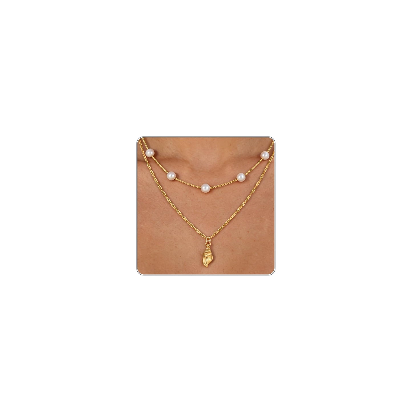 Beach Layered Starfish Necklace for Women, 14K Gold Plated Shell Conch Seashell & Pearl Charm Pendant, Dainty Coastal Summer Vacation Jewelry