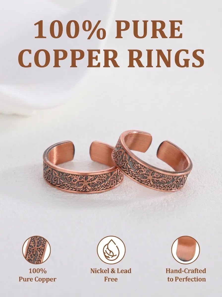 Fashtour 100% Pure Copper Rings for Women & Men (Two-Pack) — Solid Raw Copper — Uncoated Handmade Adjustable Open-End Tibetan Style Rings (Tree of Life)