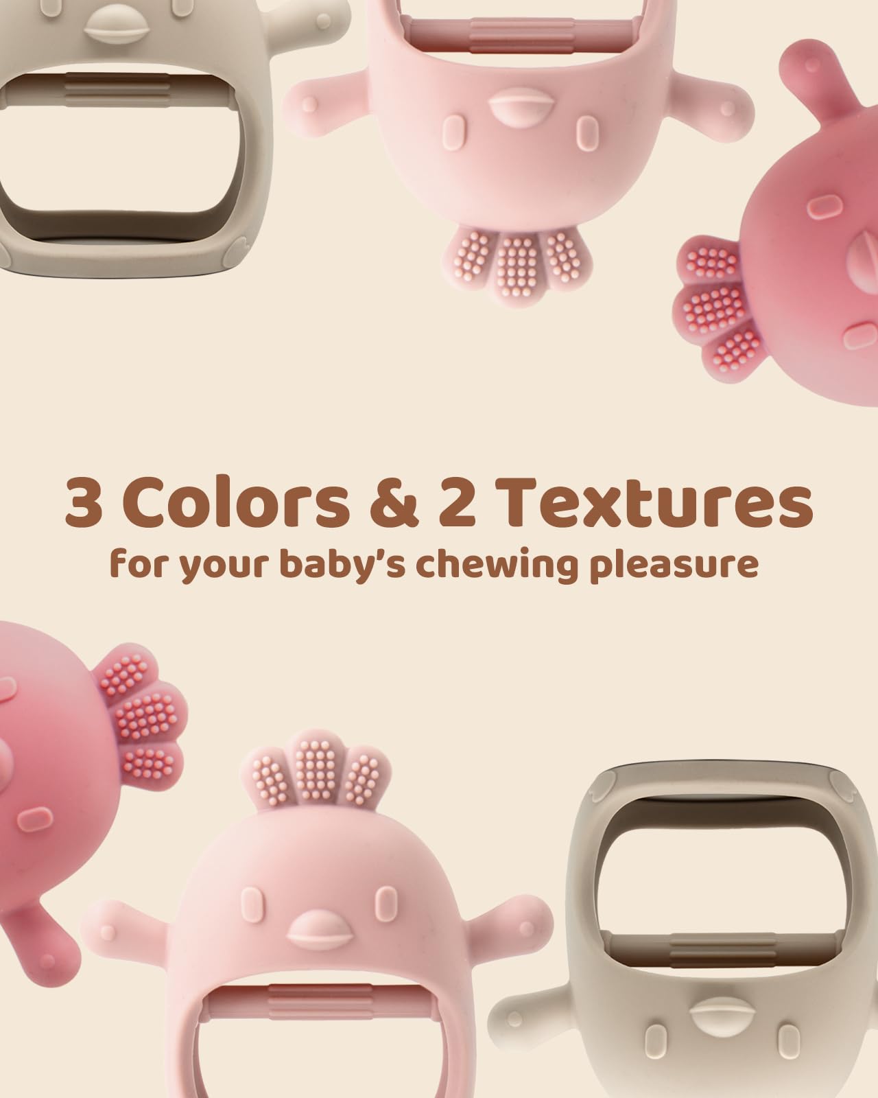 3 Pack Baby Teething Toy Silicone Teething Mitten for Babies Over 3 Months Anti Dropping Wrist Hand Teethers Baby Chew Toys for Sucking Needs, BPA Free (Pink, Caramel & Coral Red)