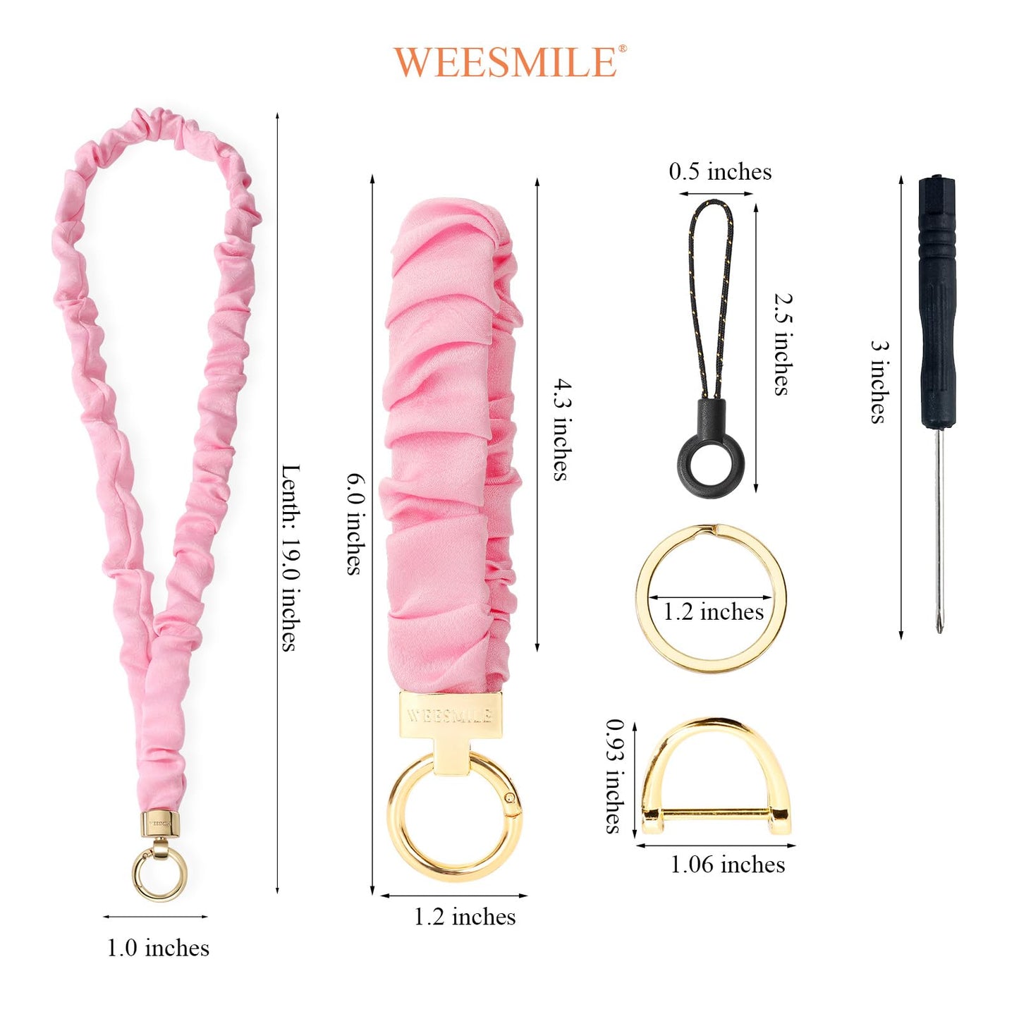 WEESMILE 2 Pcs Retractable Scrunchie Lanyard & Keychain Wristlet, Cute Key Lanyards for ID Badge | Stretchy Neck Lanyard for Women, Teachers (Pink)