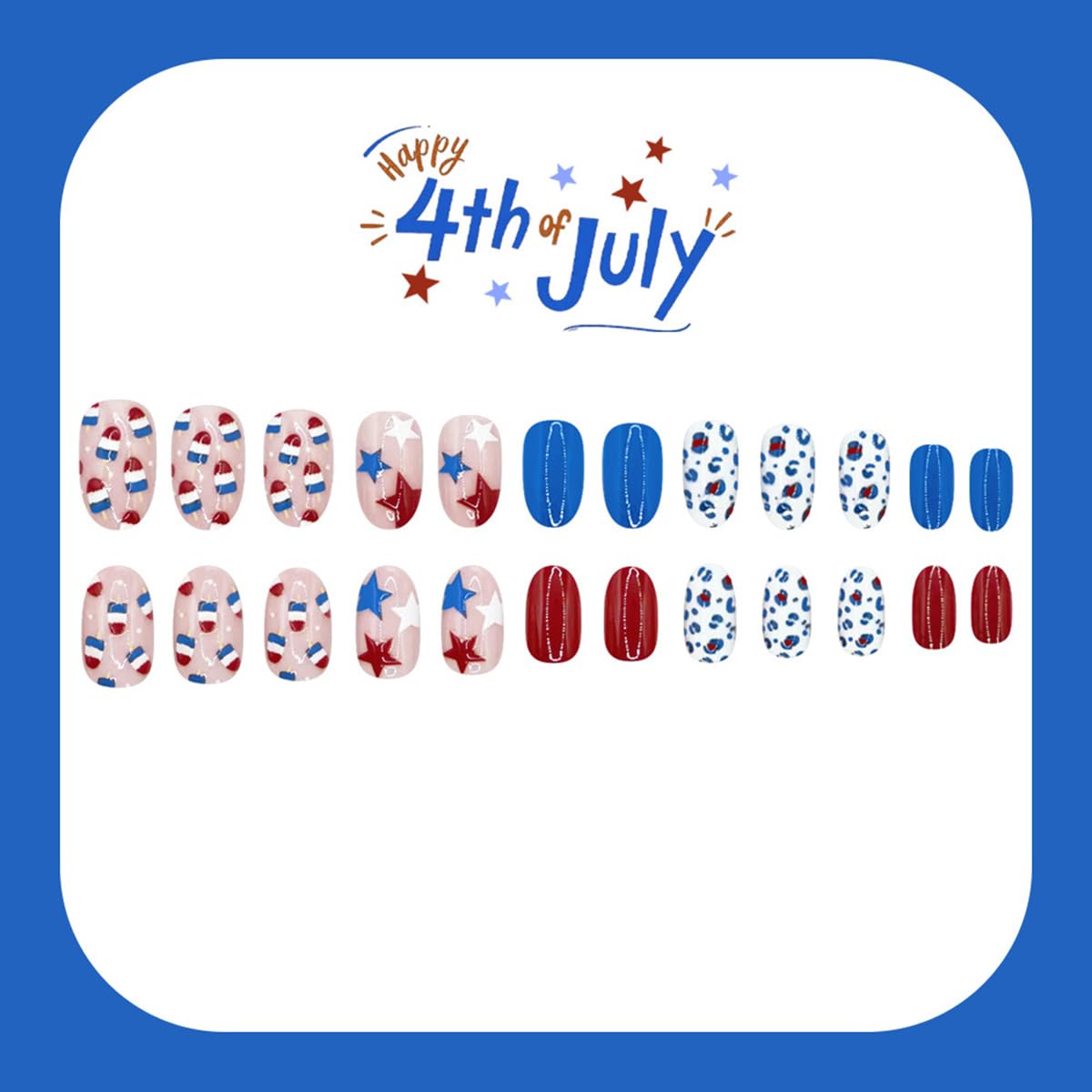 24 Pcs Independence Day Press on Nails Short Almond WLGDLH July 4th Fake Nails, Blue Red False Nails with Star Leopard Print Design, Short Oval Glue on Nails for Women Manicure, Glossy Finish