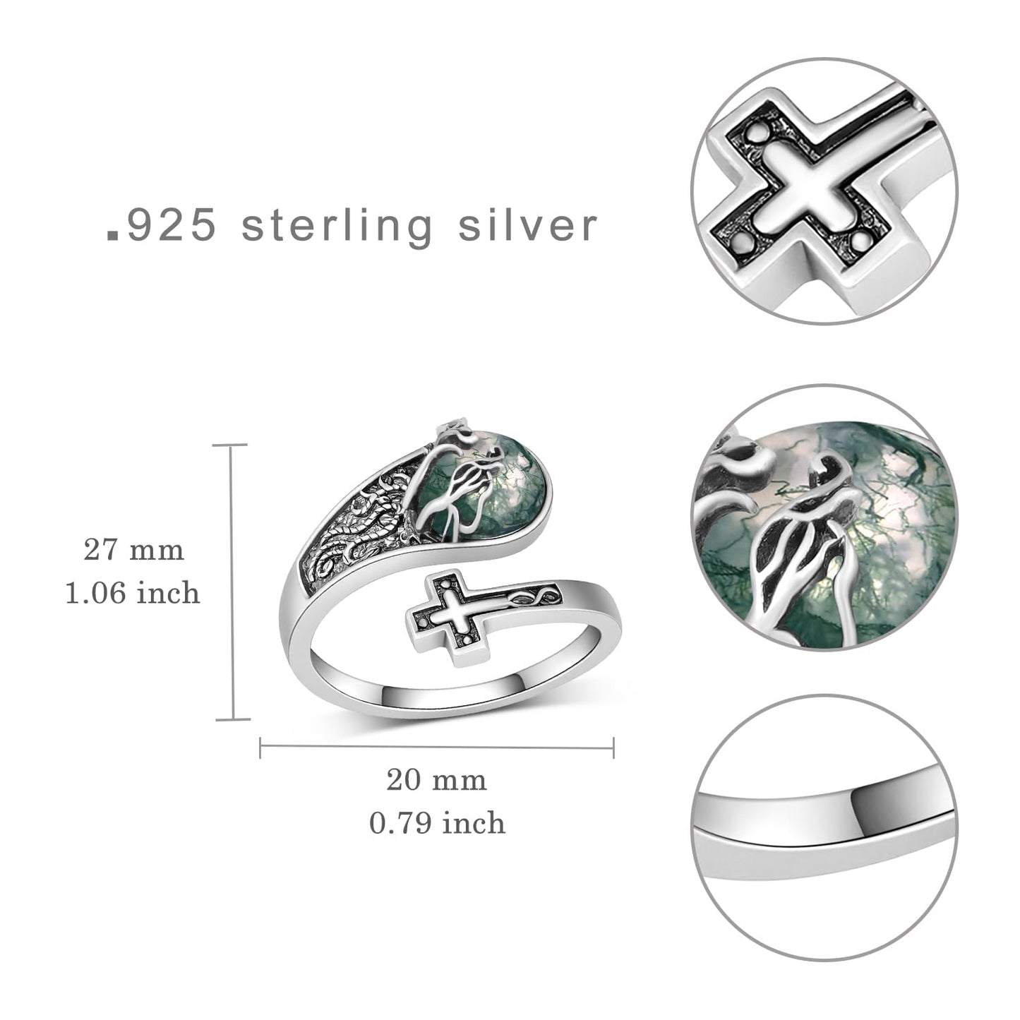 Lieditia Tree of Life Ring 925 Sterling Silver Moss Agate Cross Adjustable Rings Cross Jewelry Tree of Life Gifts for Women